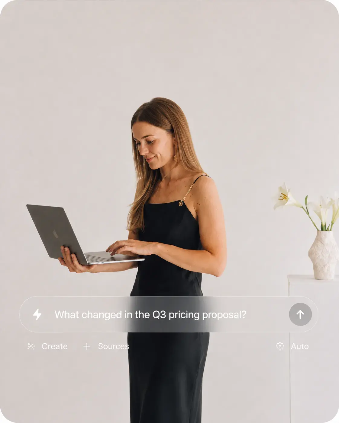 Someone using Brightney on a laptop while standing, the ask composer overlaid on screen.